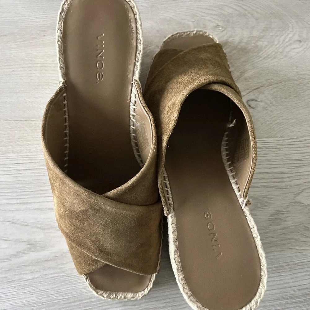 VINCE Gaelan‎ Olivewood Suede Espadrille Wedge Sandals Size 7.5 7 1/2